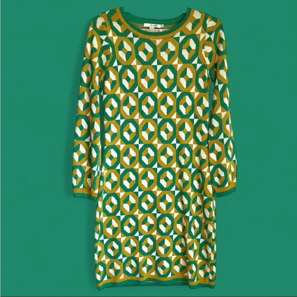Boden Dress Sz 8L Swinging Sixties Tunic Sweater Gold Green Geometric Festive EC